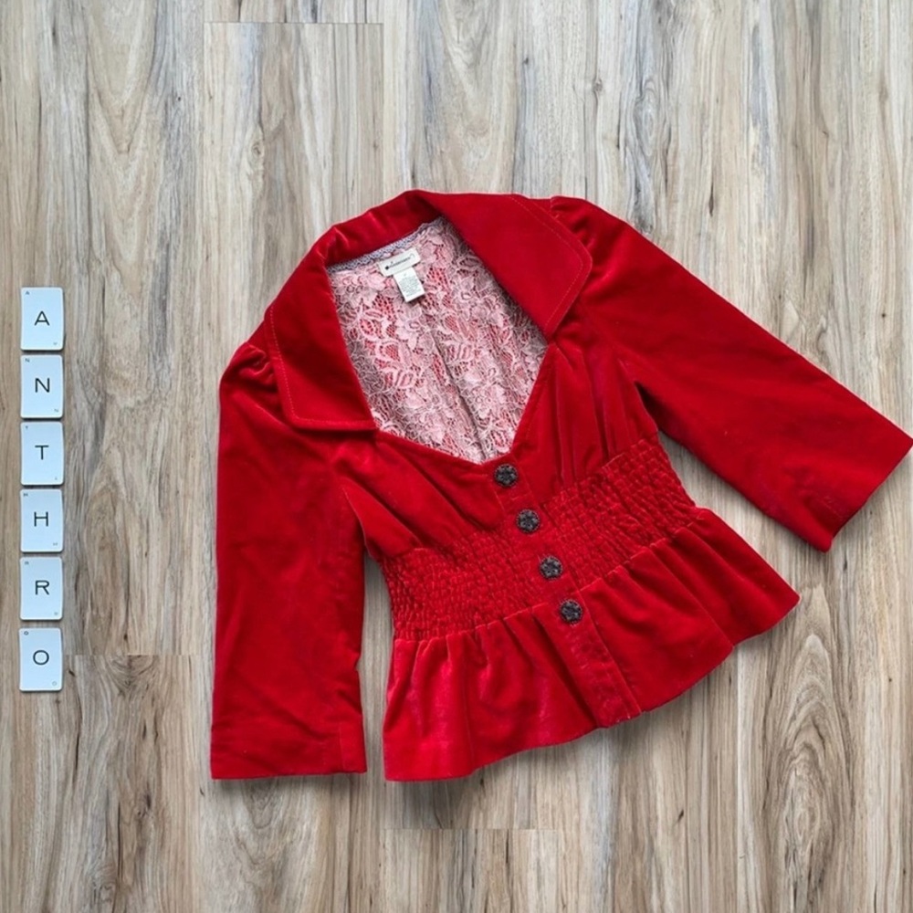 ANTHROPOLOGIE Elevenses Red Velvet Peplum Jacket 2